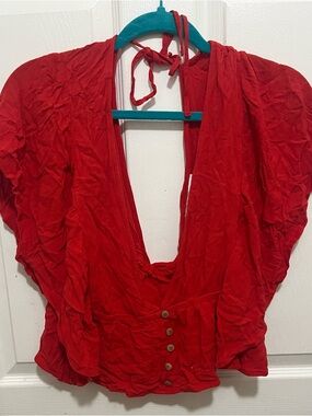 Forever 21 Red Cropped Deep V Tie-Back Top